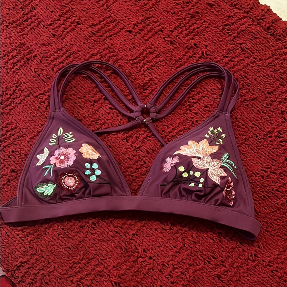 Flower Embroidered Purple Swimsuit Top